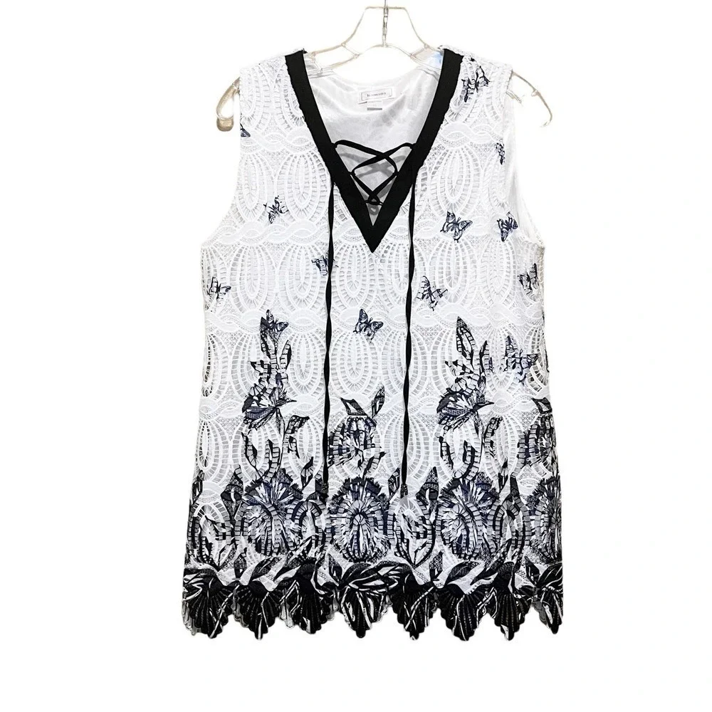 Kamana Butterfly Lace Sleeveless Tunic Blouse Lace Up Neck White Black Size M
